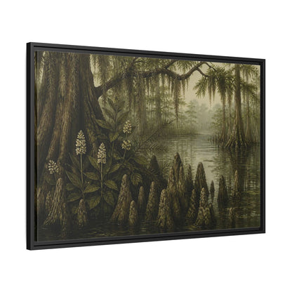 Side Mockup 13. Misty Cypress Swamp shown as framed canvas print
