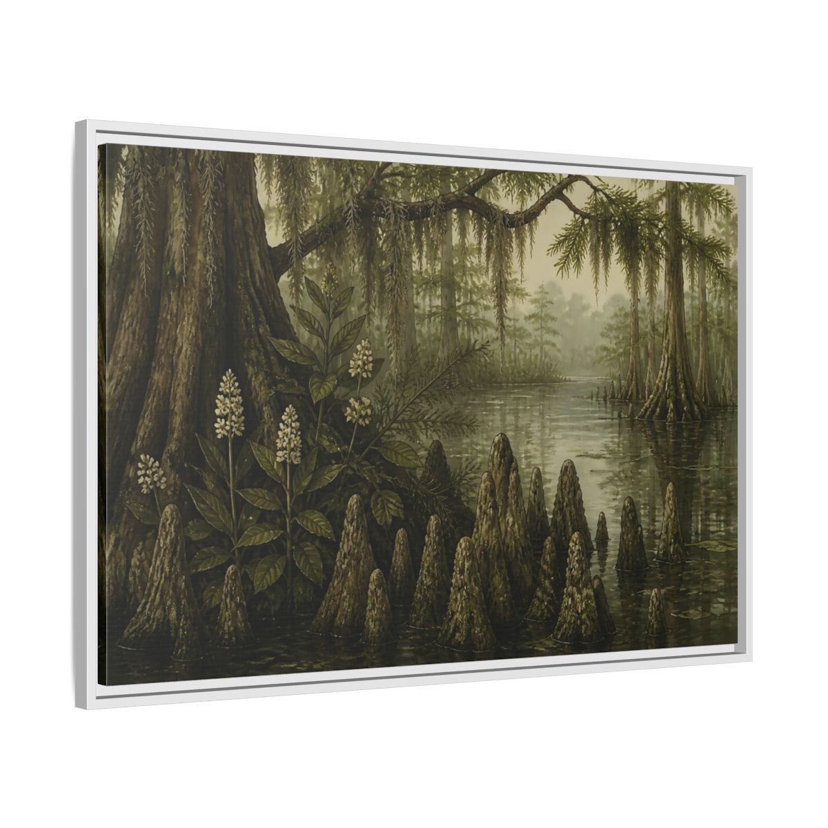 Side Mockup 9. Misty Cypress Swamp shown as framed canvas print