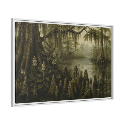 Side Mockup 9. Misty Cypress Swamp shown as framed canvas print