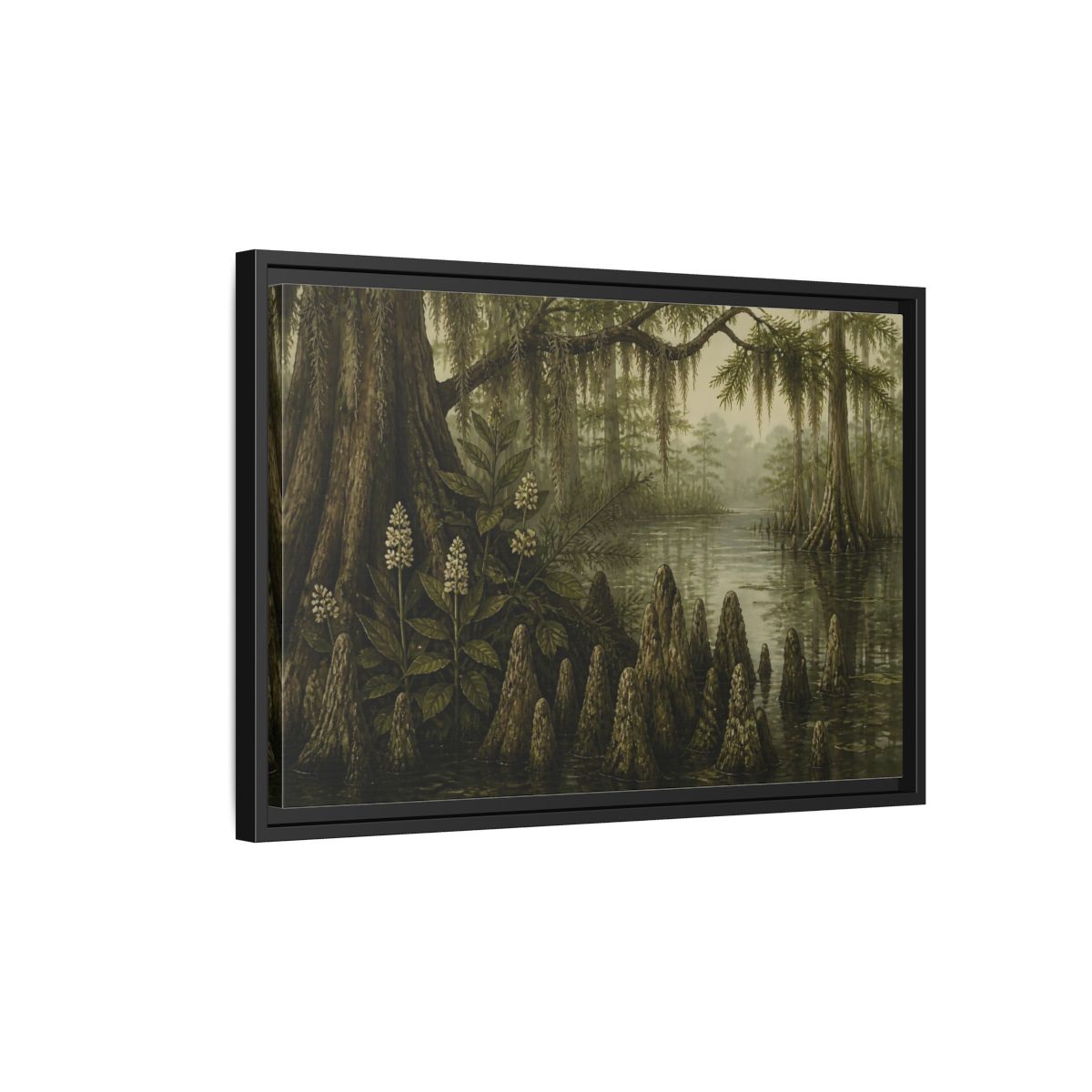Side Mockup 3. Misty Cypress Swamp shown as framed canvas print