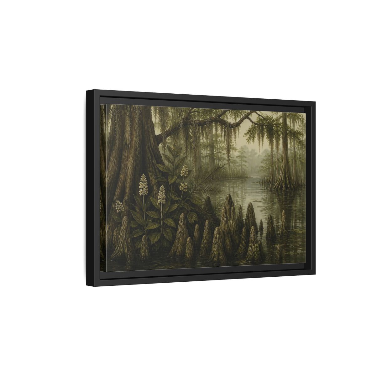Side Mockup 6. Misty Cypress Swamp shown as framed canvas print