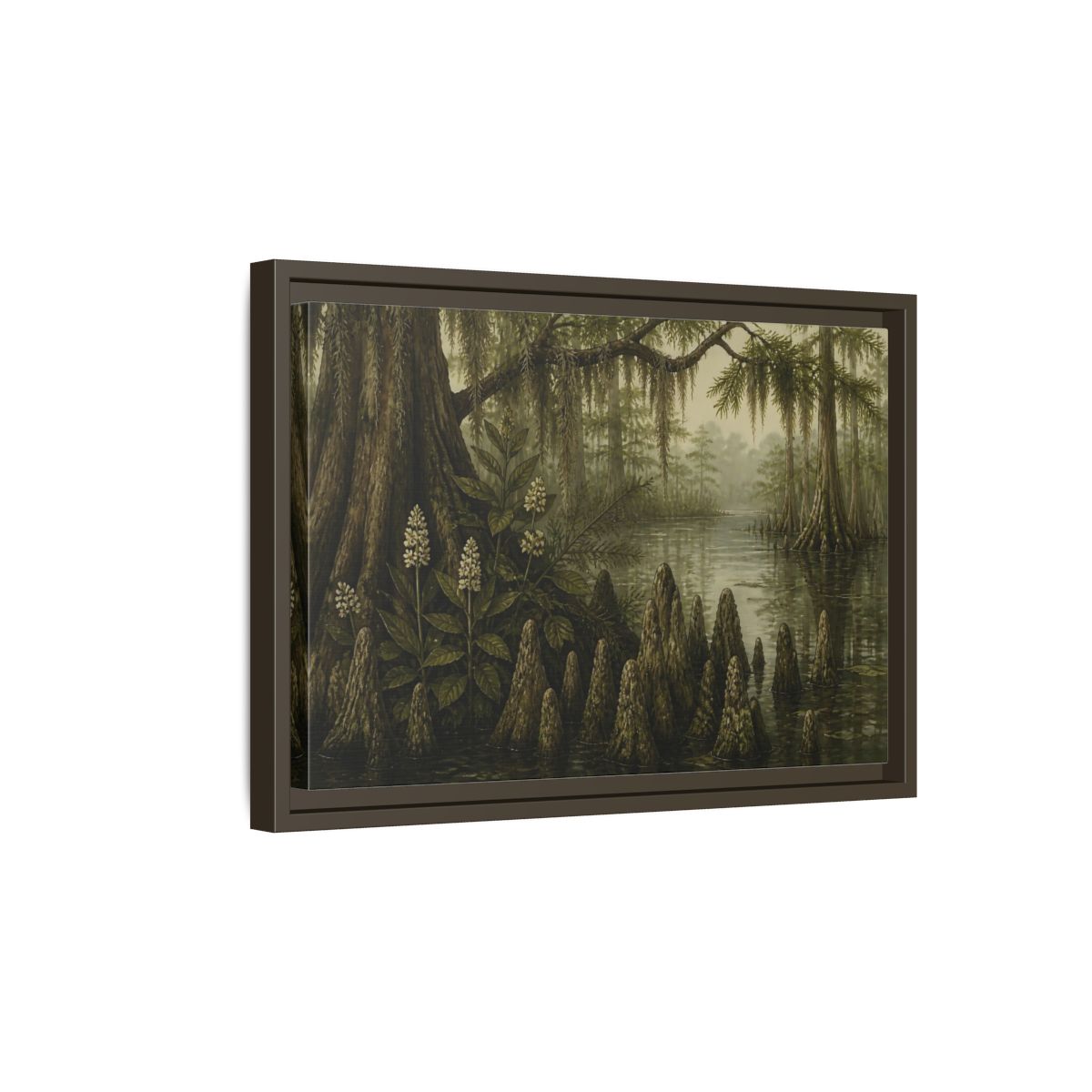Side Mockup 5. Misty Cypress Swamp shown as framed canvas print