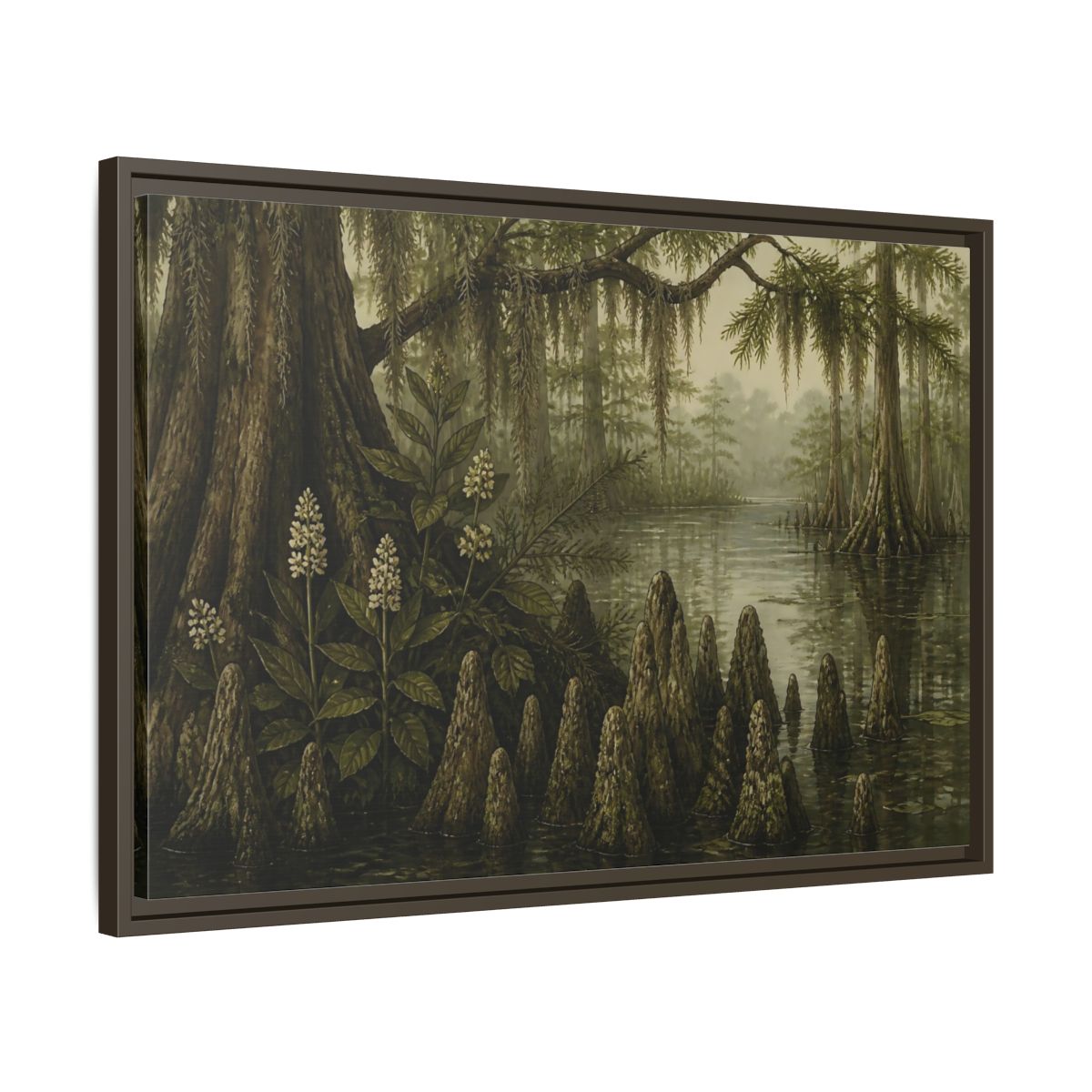 Side Mockup 11. Misty Cypress Swamp shown as framed canvas print