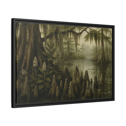 Side Mockup 14. Misty Cypress Swamp shown as framed canvas print