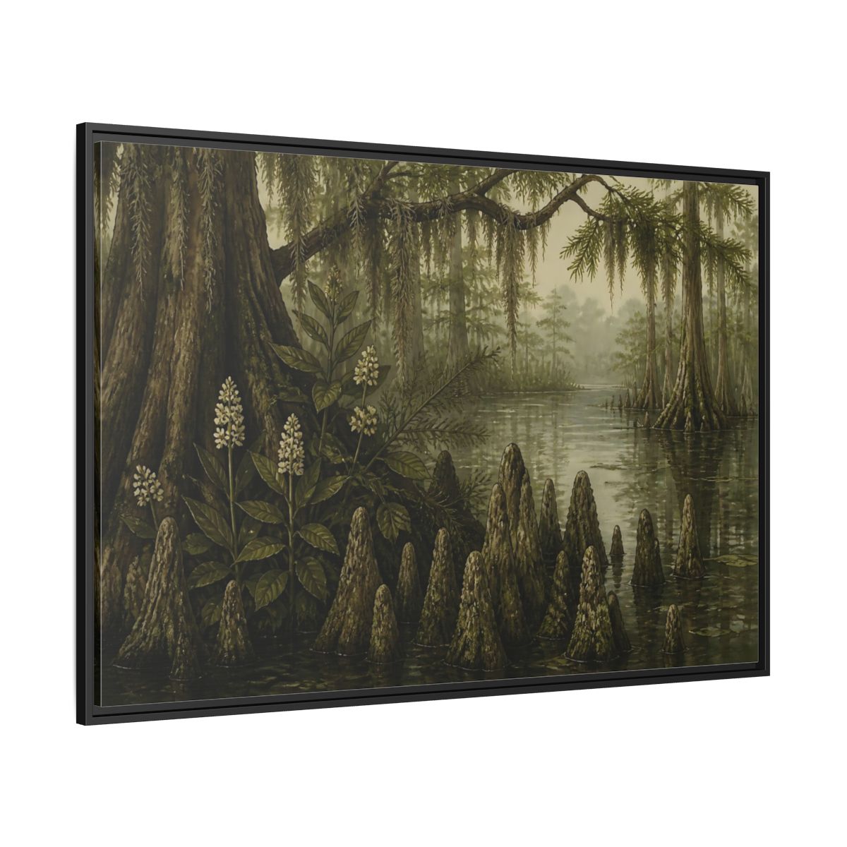 Side Mockup 12. Misty Cypress Swamp shown as framed canvas print