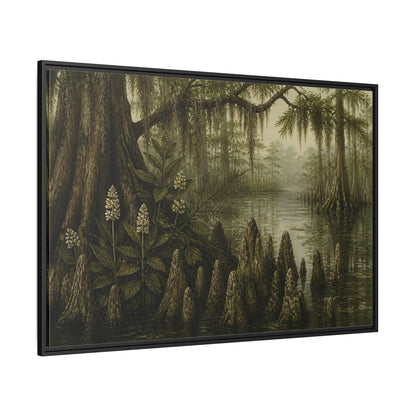 Side Mockup 12. Misty Cypress Swamp shown as framed canvas print