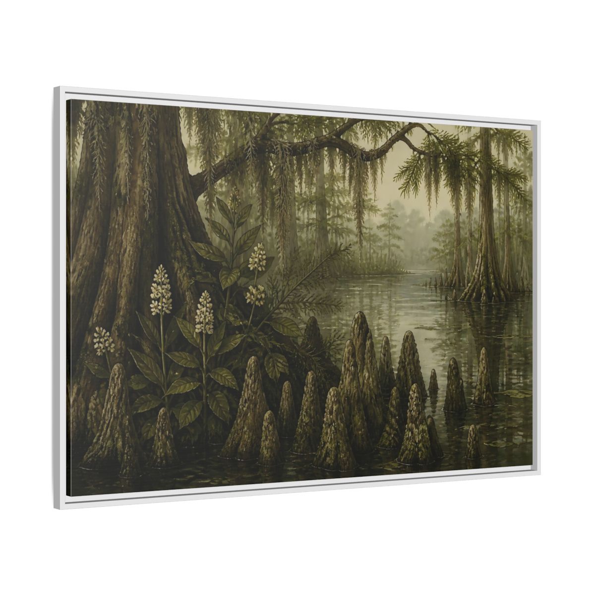 Side Mockup 7. Misty Cypress Swamp shown as framed canvas print