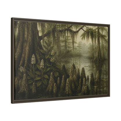 Main Mockup. Misty Cypress Swamp shown as framed canvas print