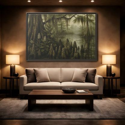 Mockup 2. Misty Cypress Swamp shown as framed canvas print