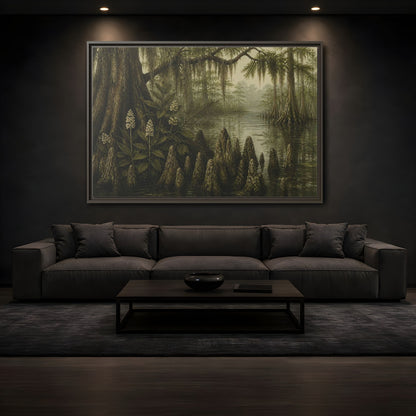 Mockup 3. Misty Cypress Swamp shown as framed canvas print