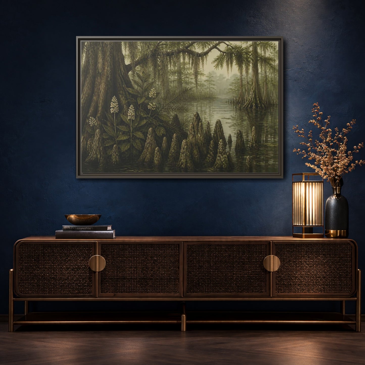 Mockup 4. Misty Cypress Swamp shown as framed canvas print