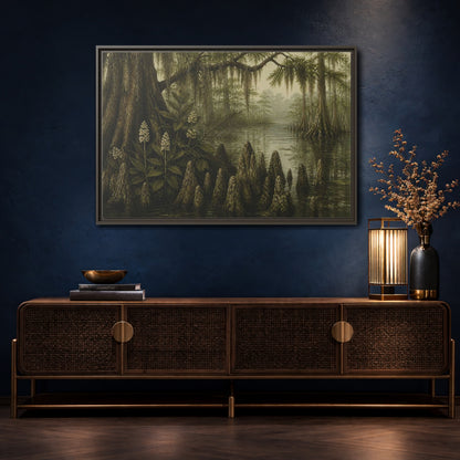 Mockup 4. Misty Cypress Swamp shown as framed canvas print