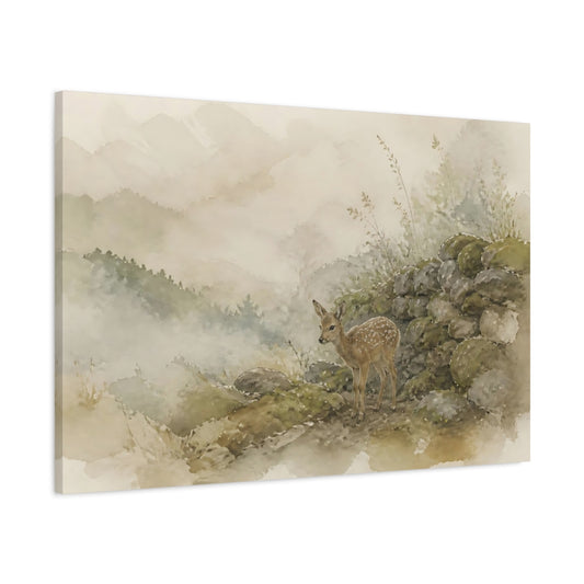 Main Mockup. Misty Fawn By Mossy Wall shown as canvas print