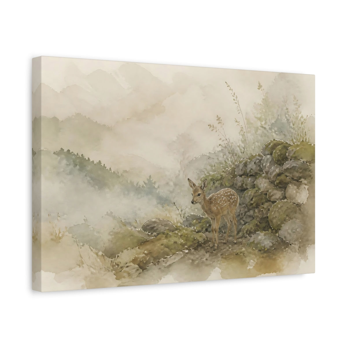 Side Mockup 4. Misty Fawn By Mossy Wall shown as canvas print