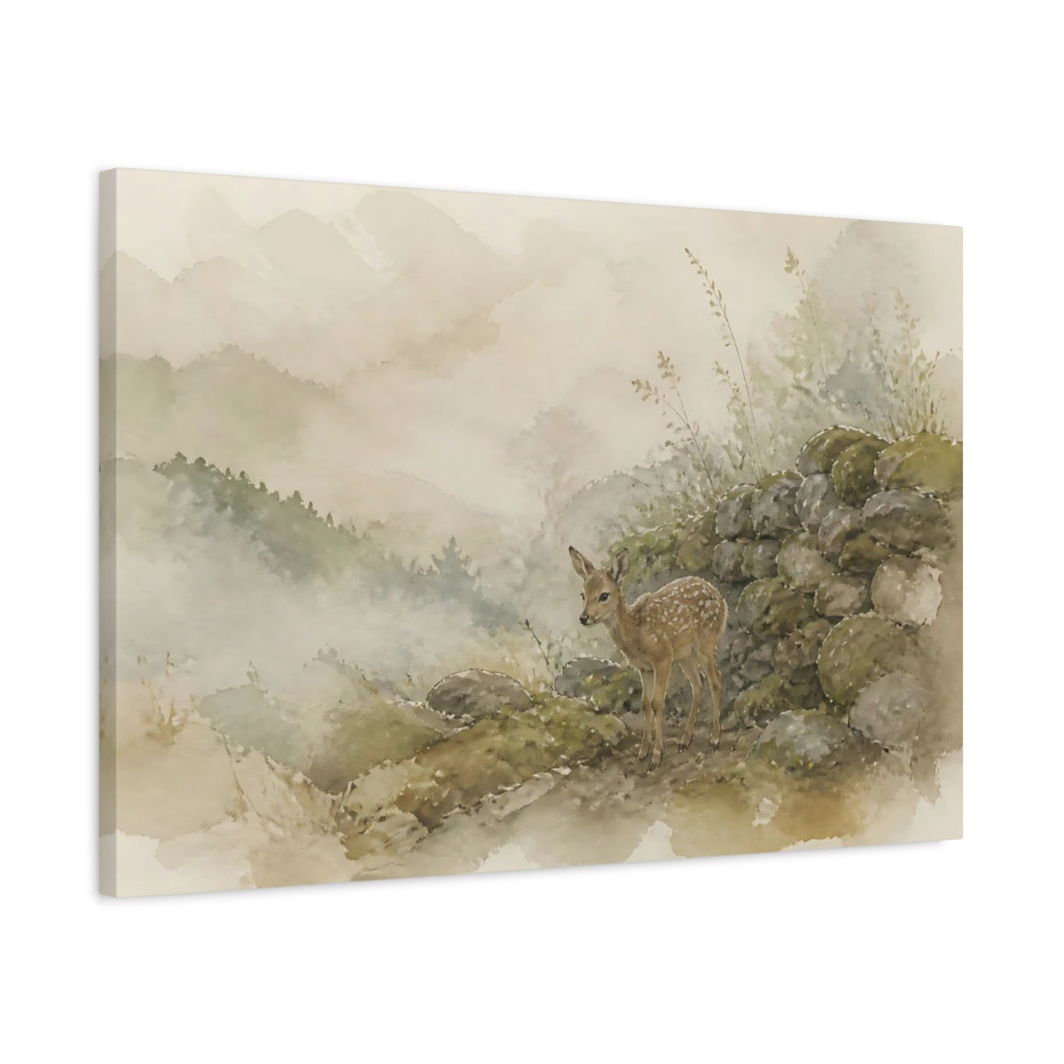 Side Mockup 2. Misty Fawn By Mossy Wall shown as canvas print