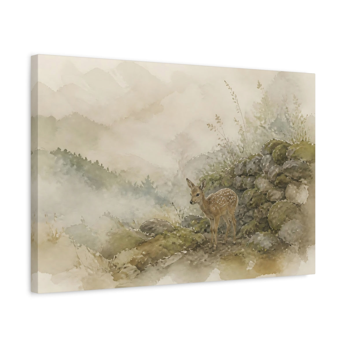 Side Mockup 3. Misty Fawn By Mossy Wall shown as canvas print