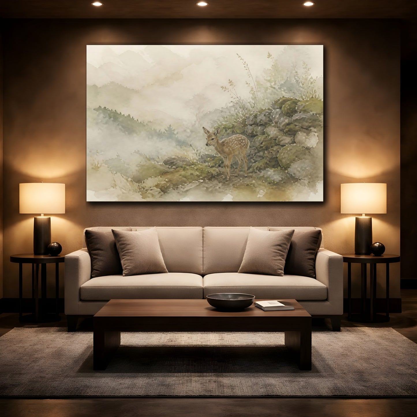 Mockup 2. Misty Fawn By Mossy Wall shown as canvas print