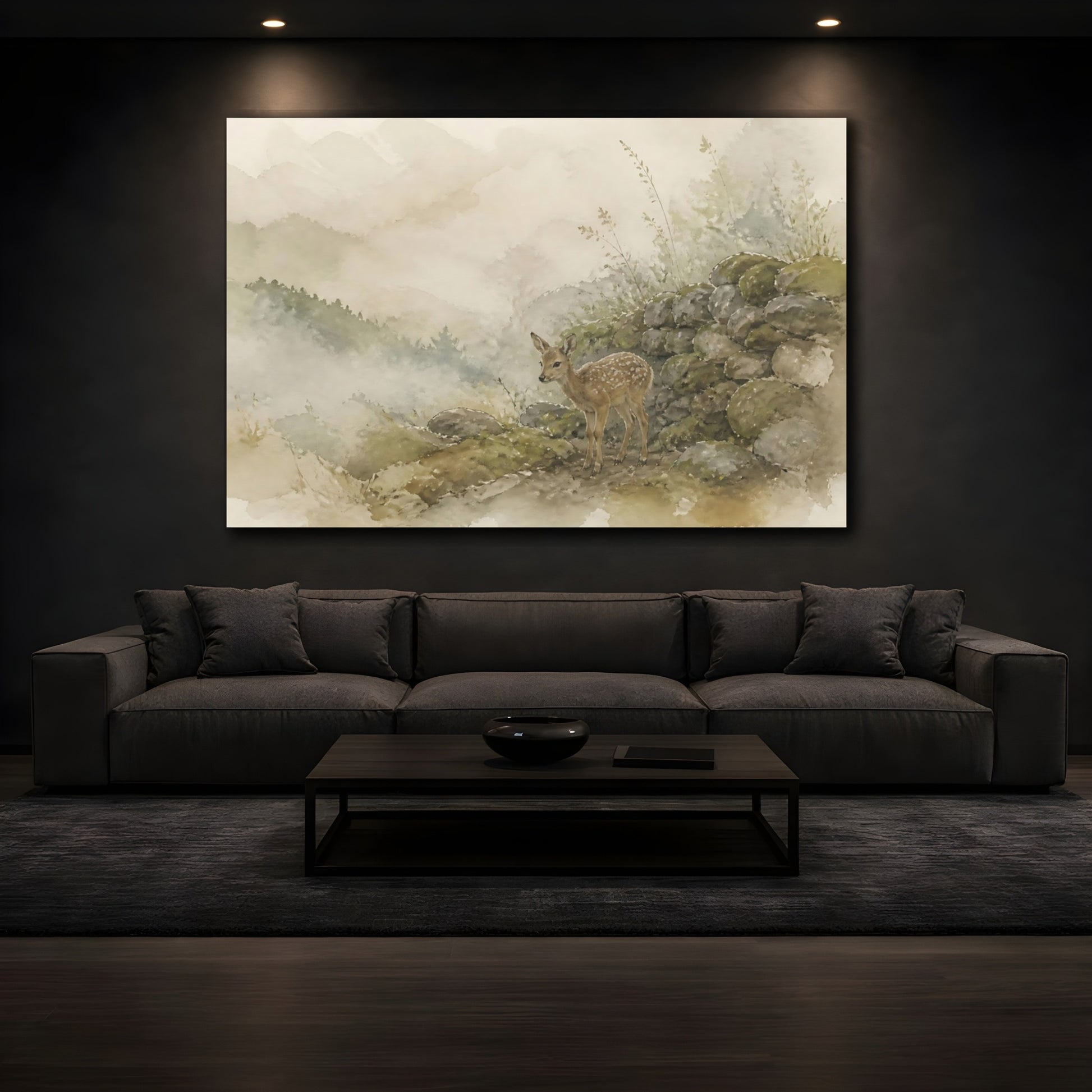 Mockup 3. Misty Fawn By Mossy Wall shown as canvas print