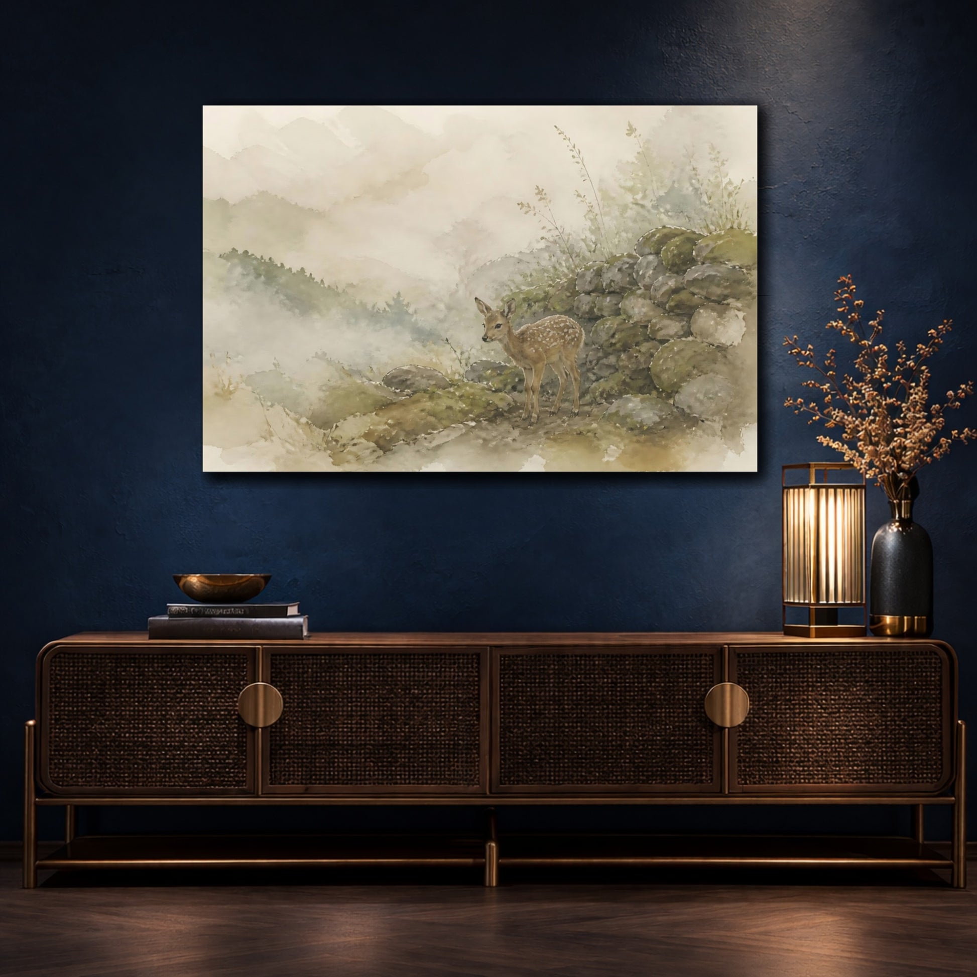 Mockup 4. Misty Fawn By Mossy Wall shown as canvas print