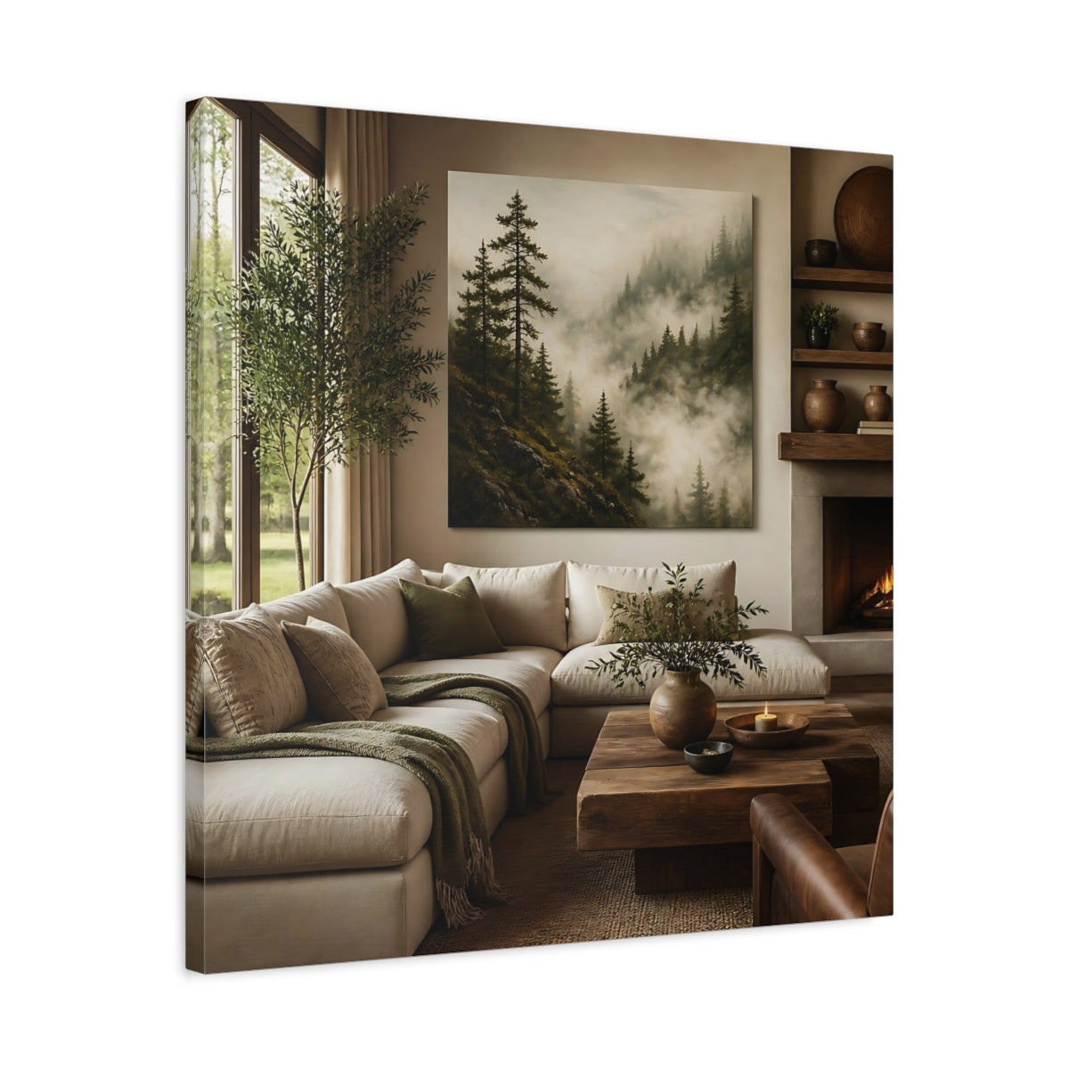 Side Mockup 4. Misty Forest Landscape shown as canvas print