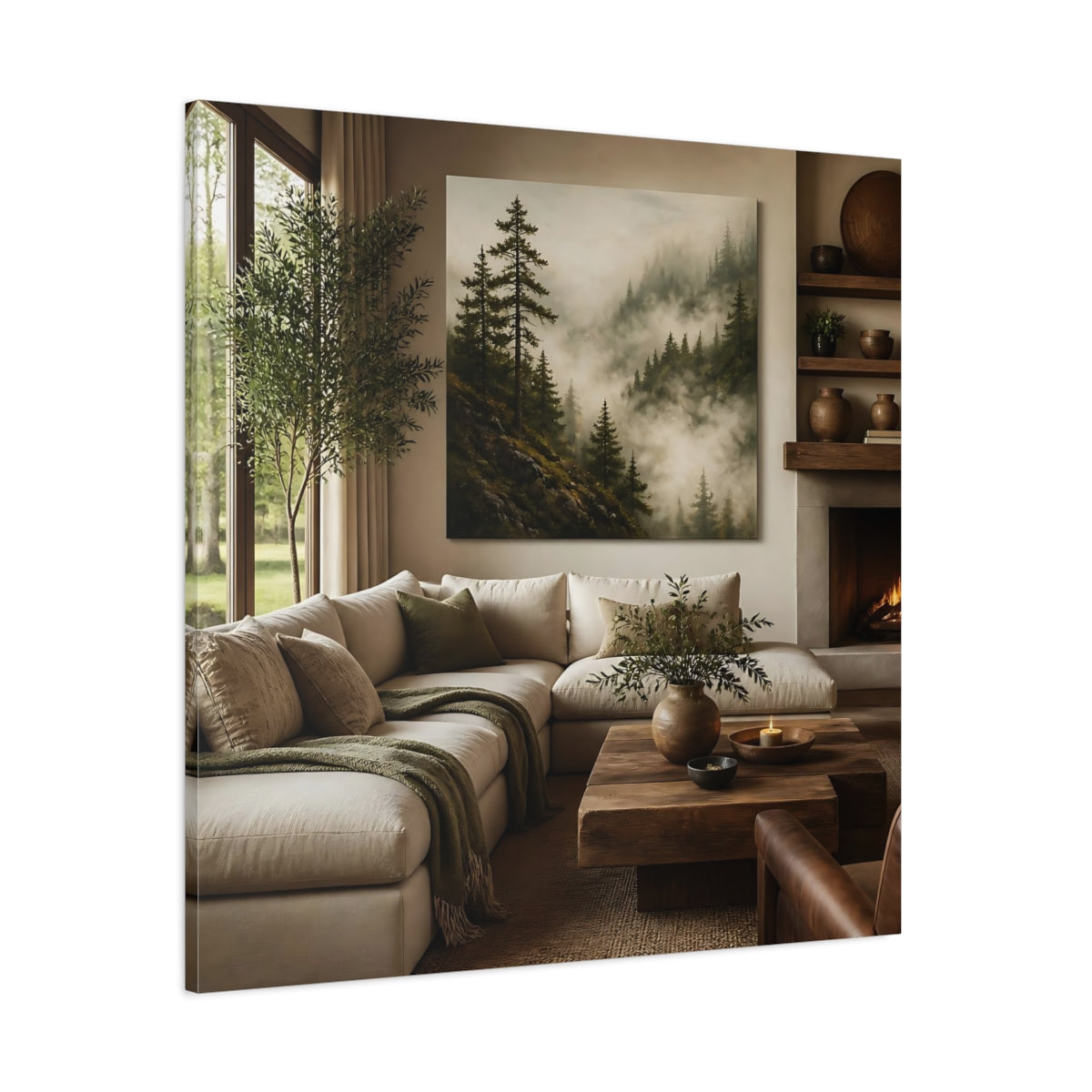 Side Mockup 1. Misty Forest Landscape shown as canvas print