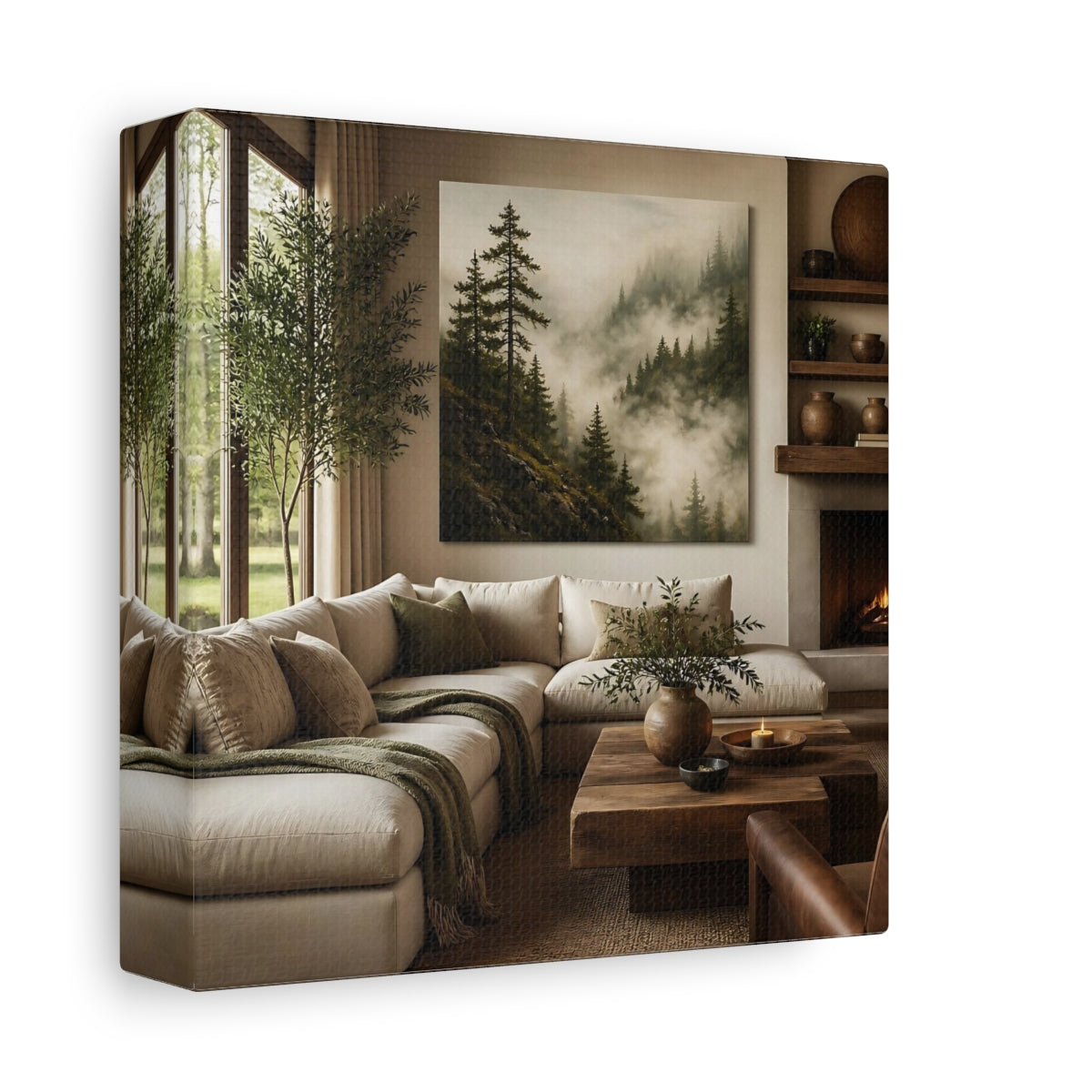 Side Mockup 2. Misty Forest Landscape shown as canvas print