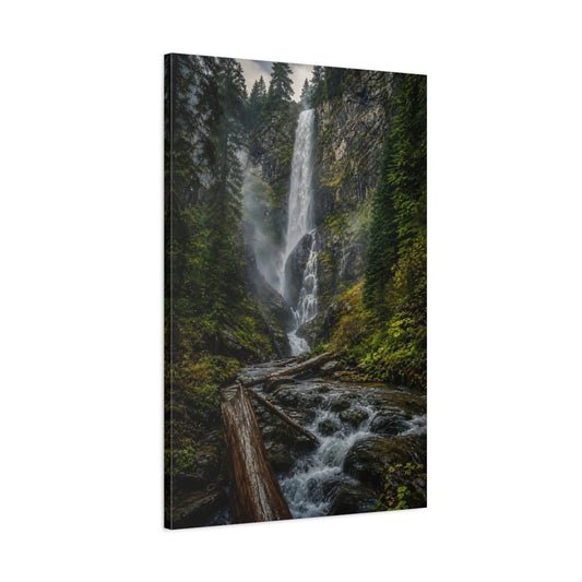 Main Mockup. Misty Forest Waterfall shown as canvas print