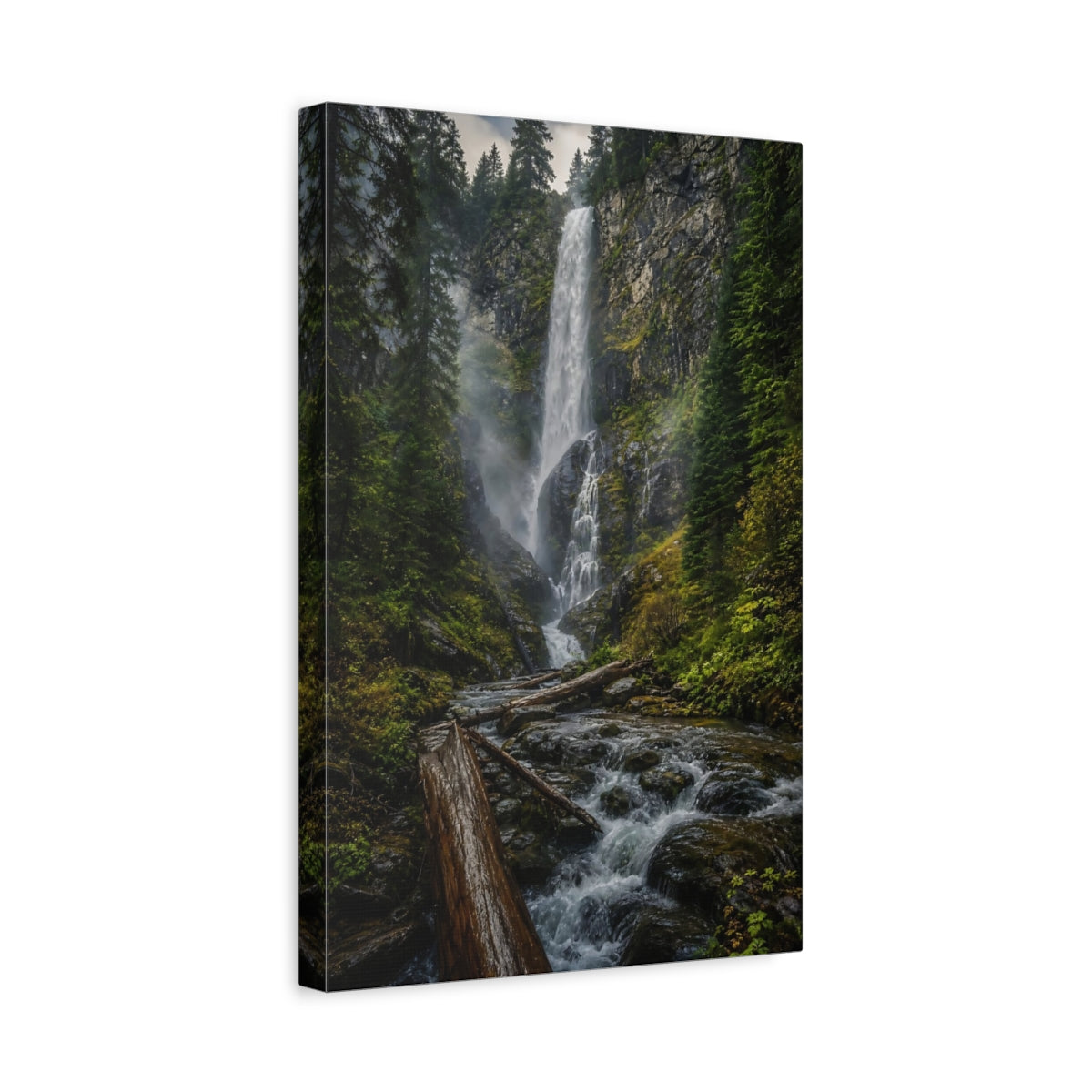 Side Mockup 4. Misty Forest Waterfall shown as canvas print