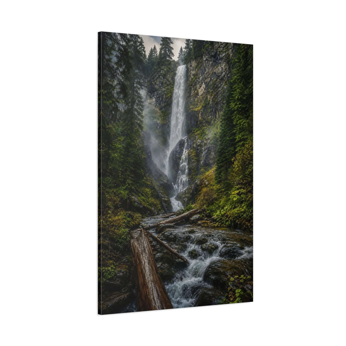 Side Mockup 1. Misty Forest Waterfall shown as canvas print