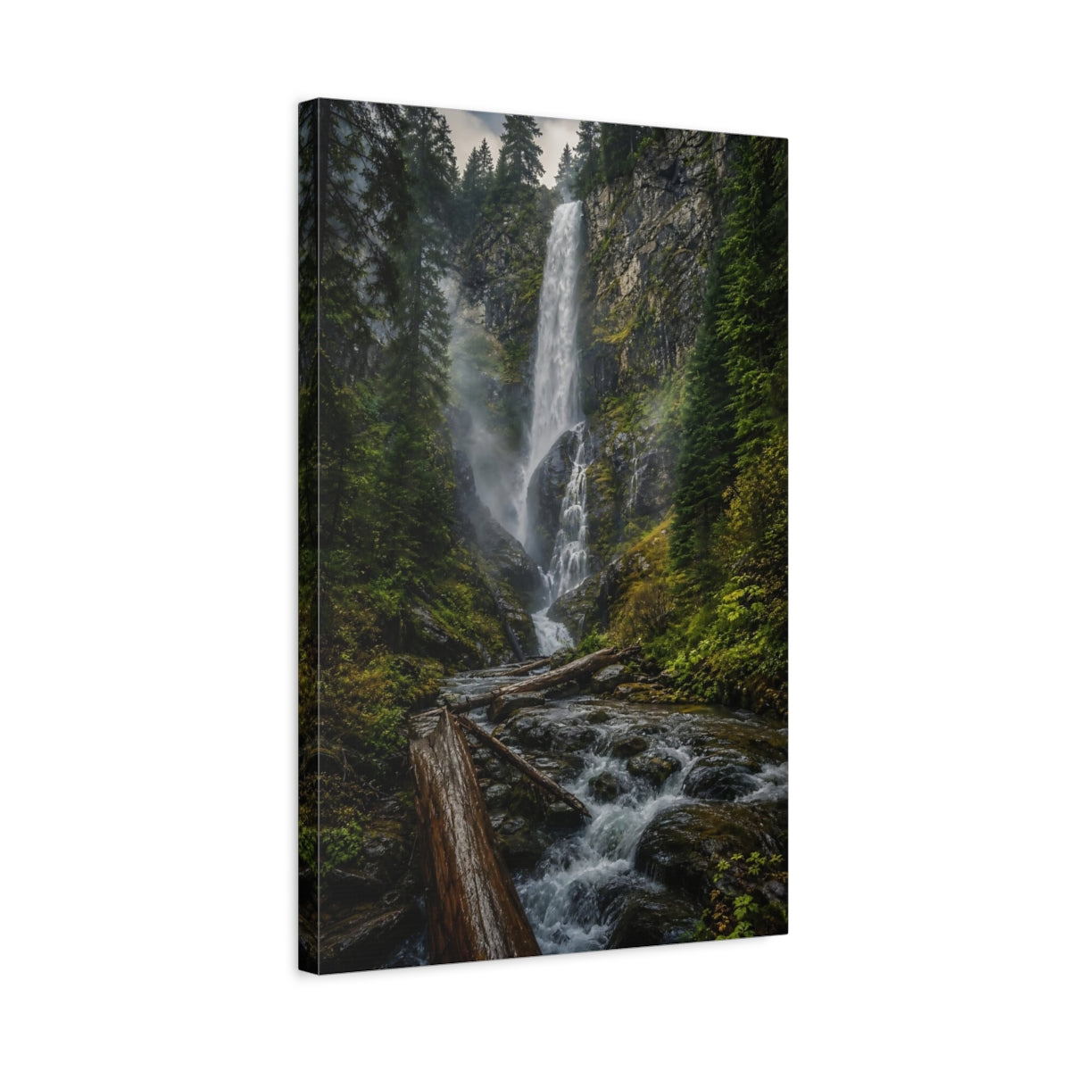 Side Mockup 3. Misty Forest Waterfall shown as canvas print