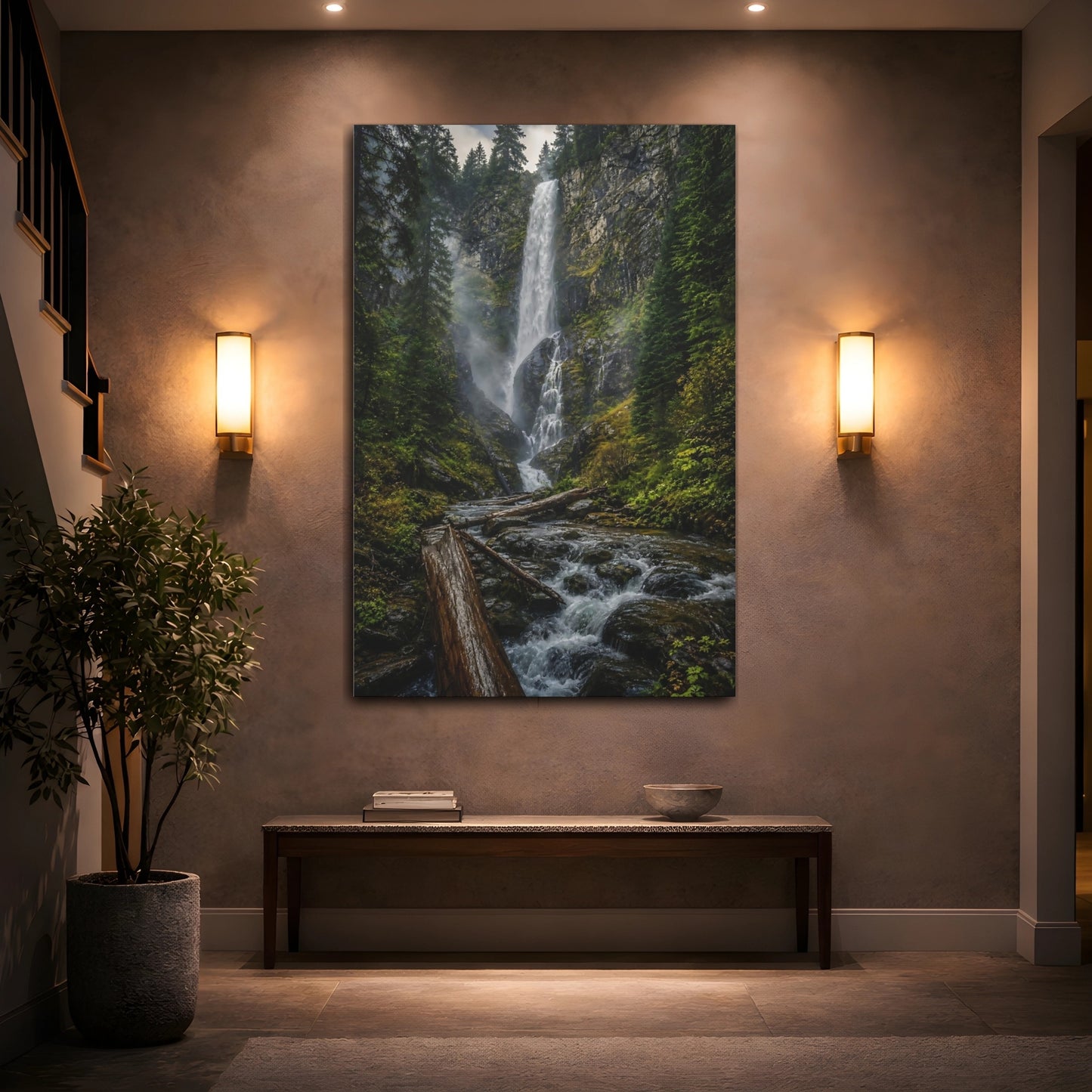 Mockup 2. Misty Forest Waterfall shown as canvas print