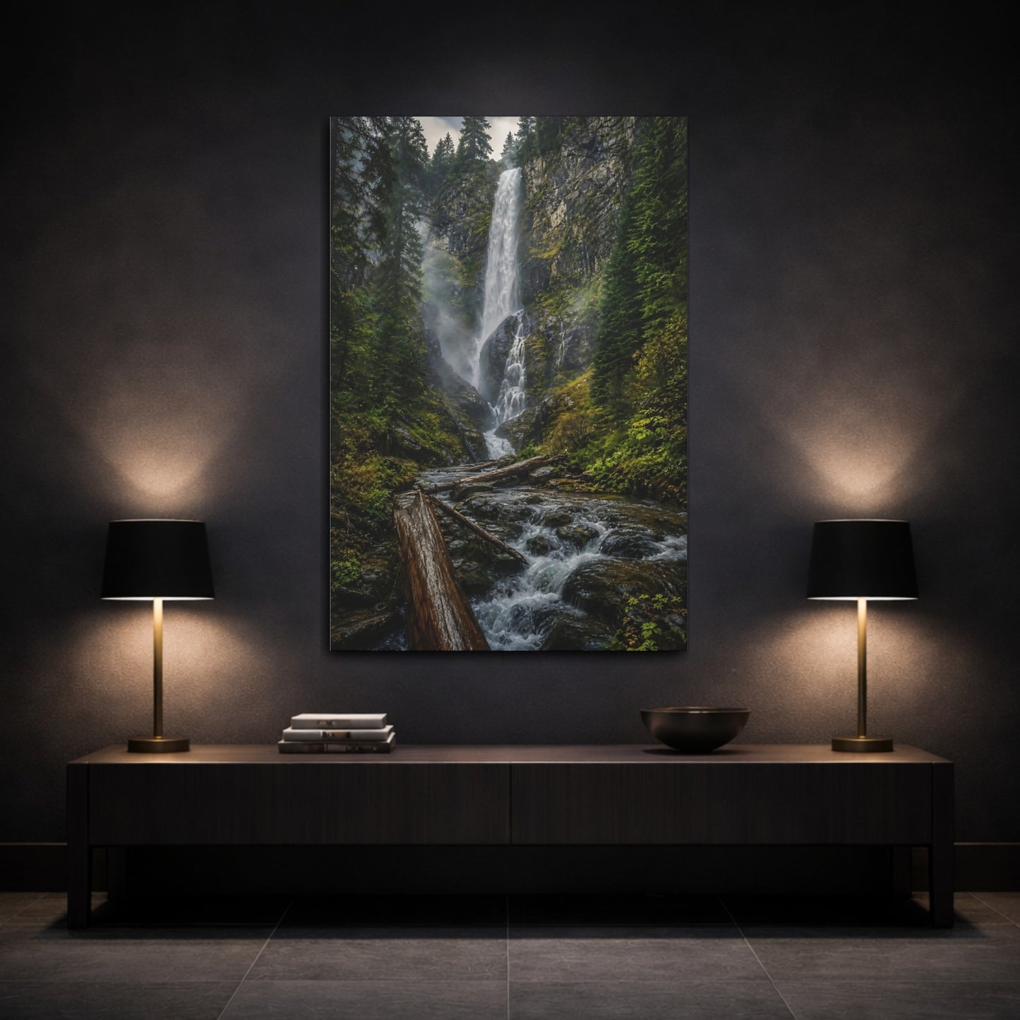 Mockup 3. Misty Forest Waterfall shown as canvas print