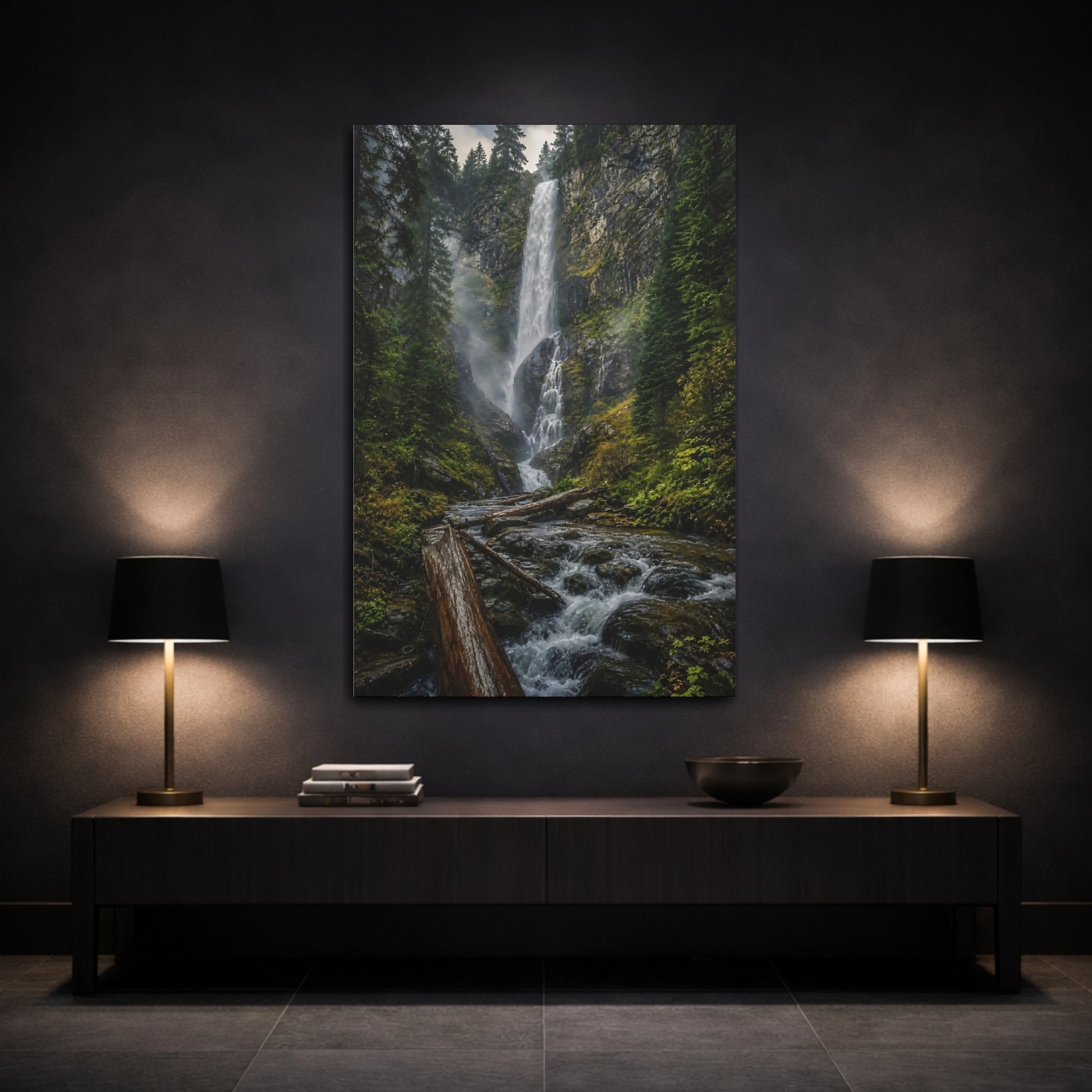 Mockup 3. Misty Forest Waterfall shown as canvas print