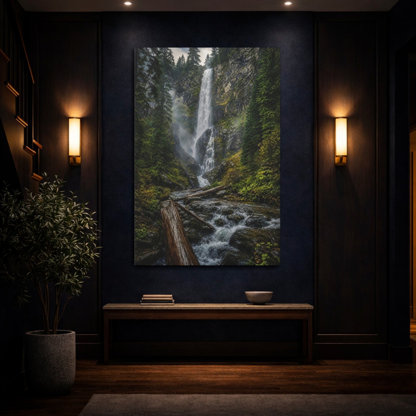 Mockup 4. Misty Forest Waterfall shown as canvas print
