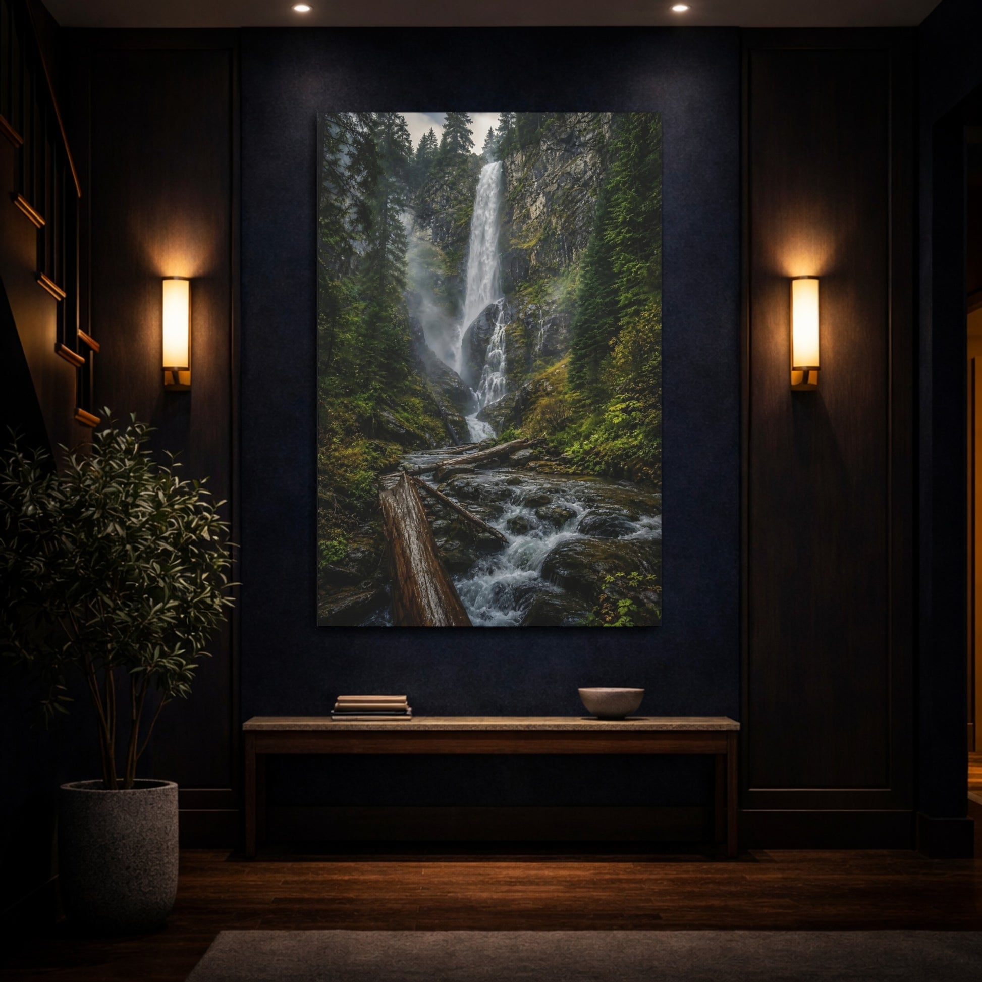 Mockup 4. Misty Forest Waterfall shown as canvas print