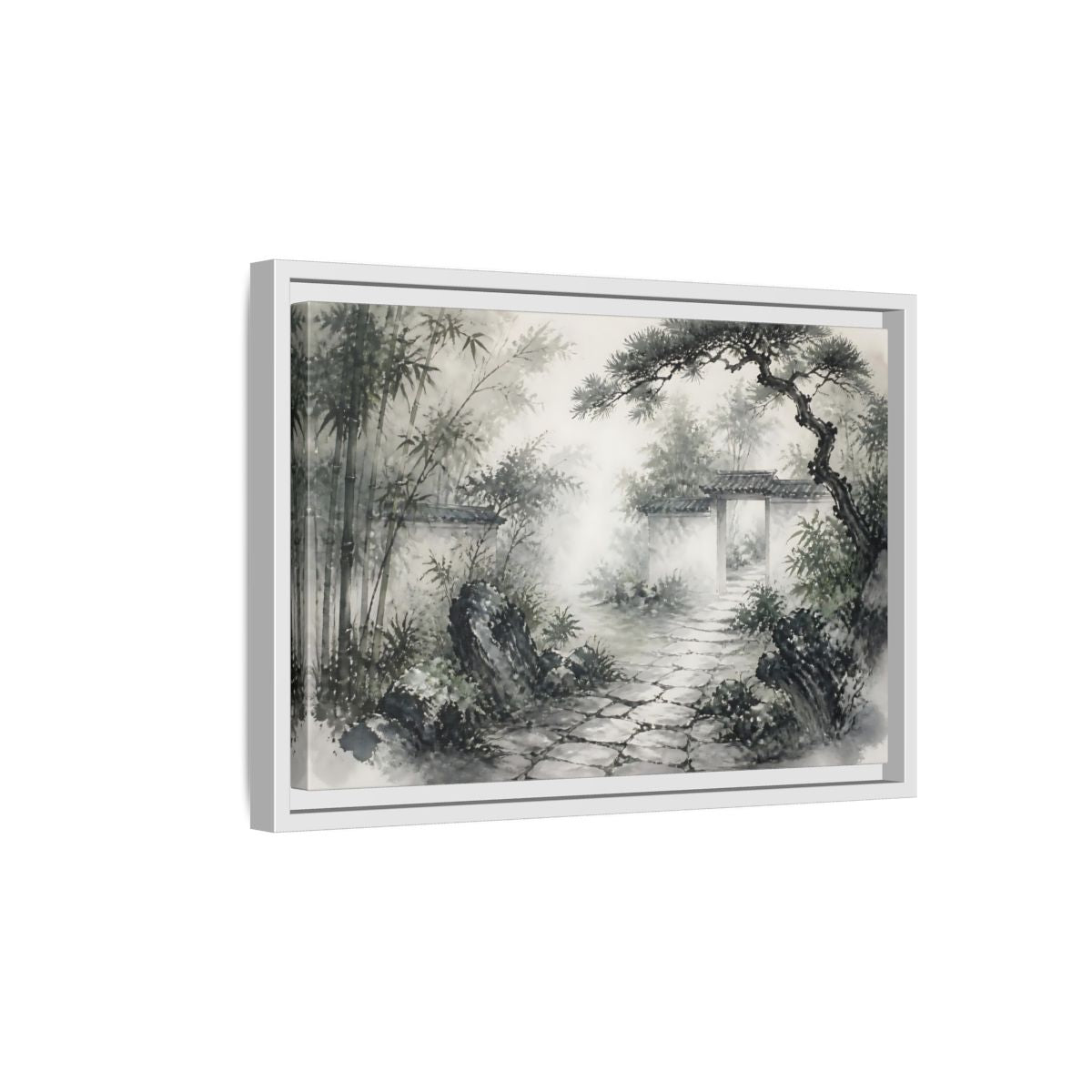 Side Mockup 4. Misty Garden Path shown as framed canvas print