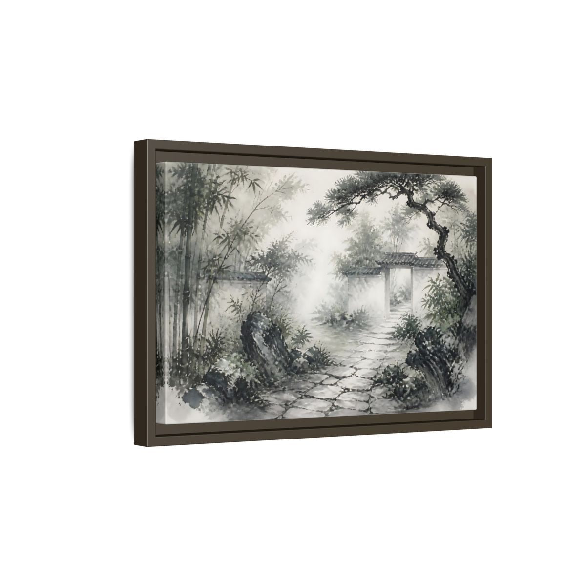 Side Mockup 5. Misty Garden Path shown as framed canvas print