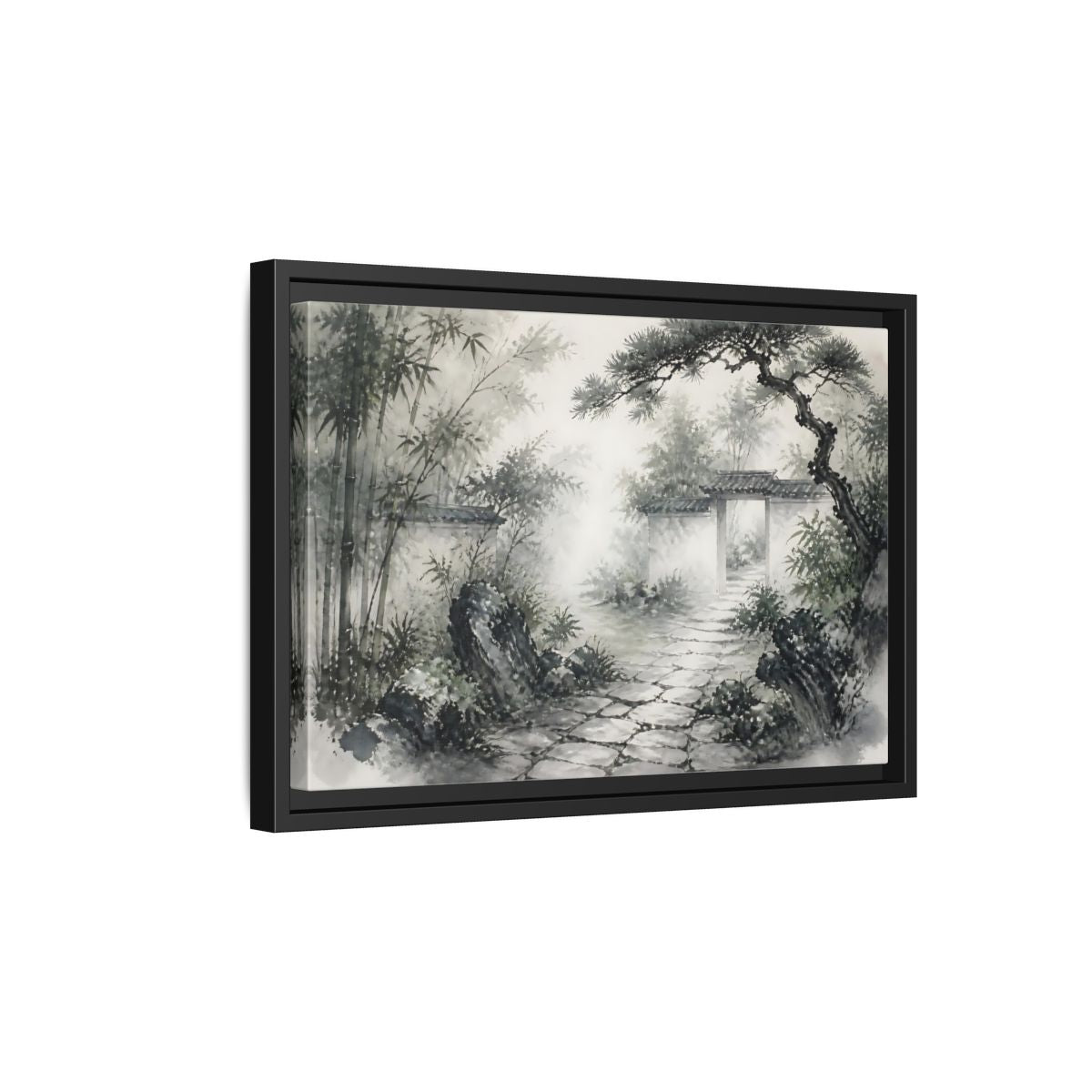 Side Mockup 6. Misty Garden Path shown as framed canvas print