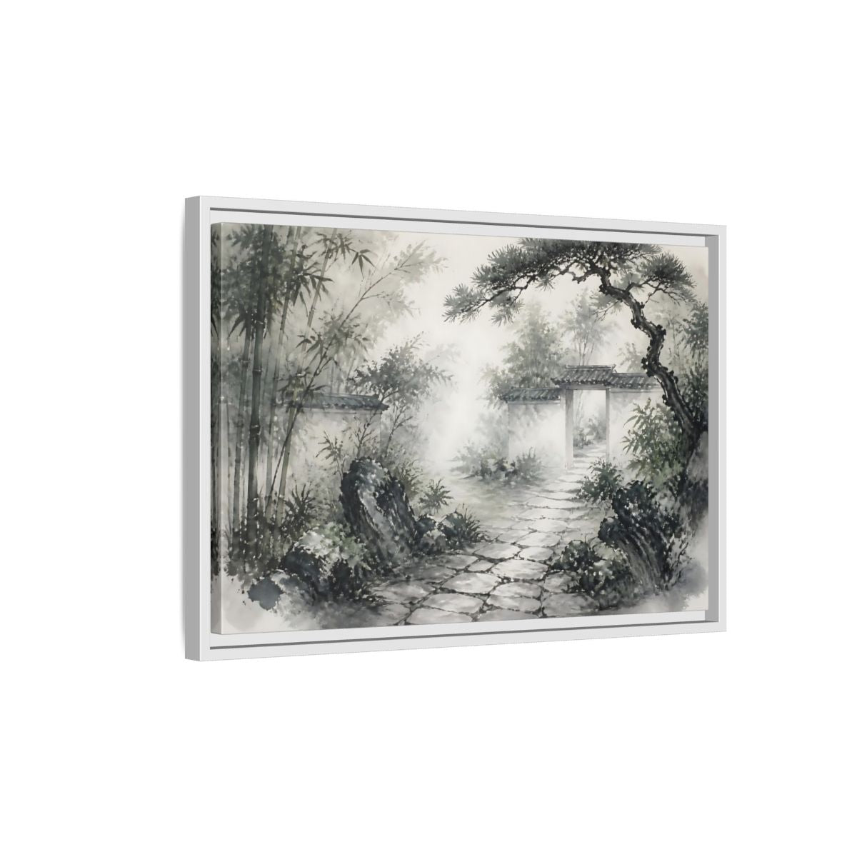 Side Mockup 1. Misty Garden Path shown as framed canvas print