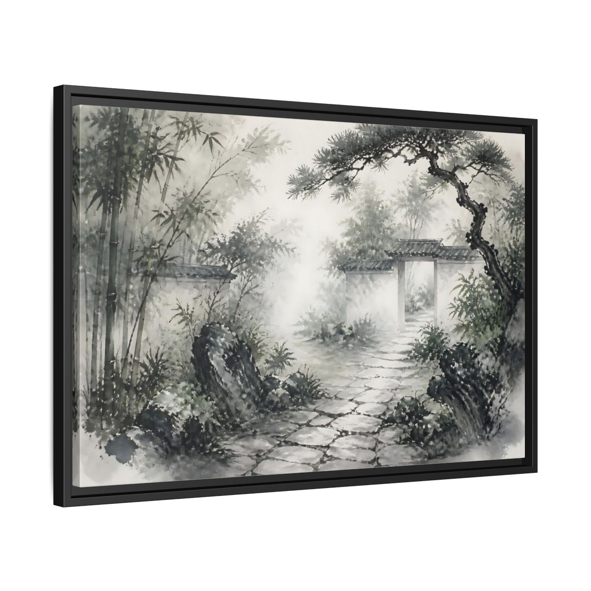 Side Mockup 14. Misty Garden Path shown as framed canvas print