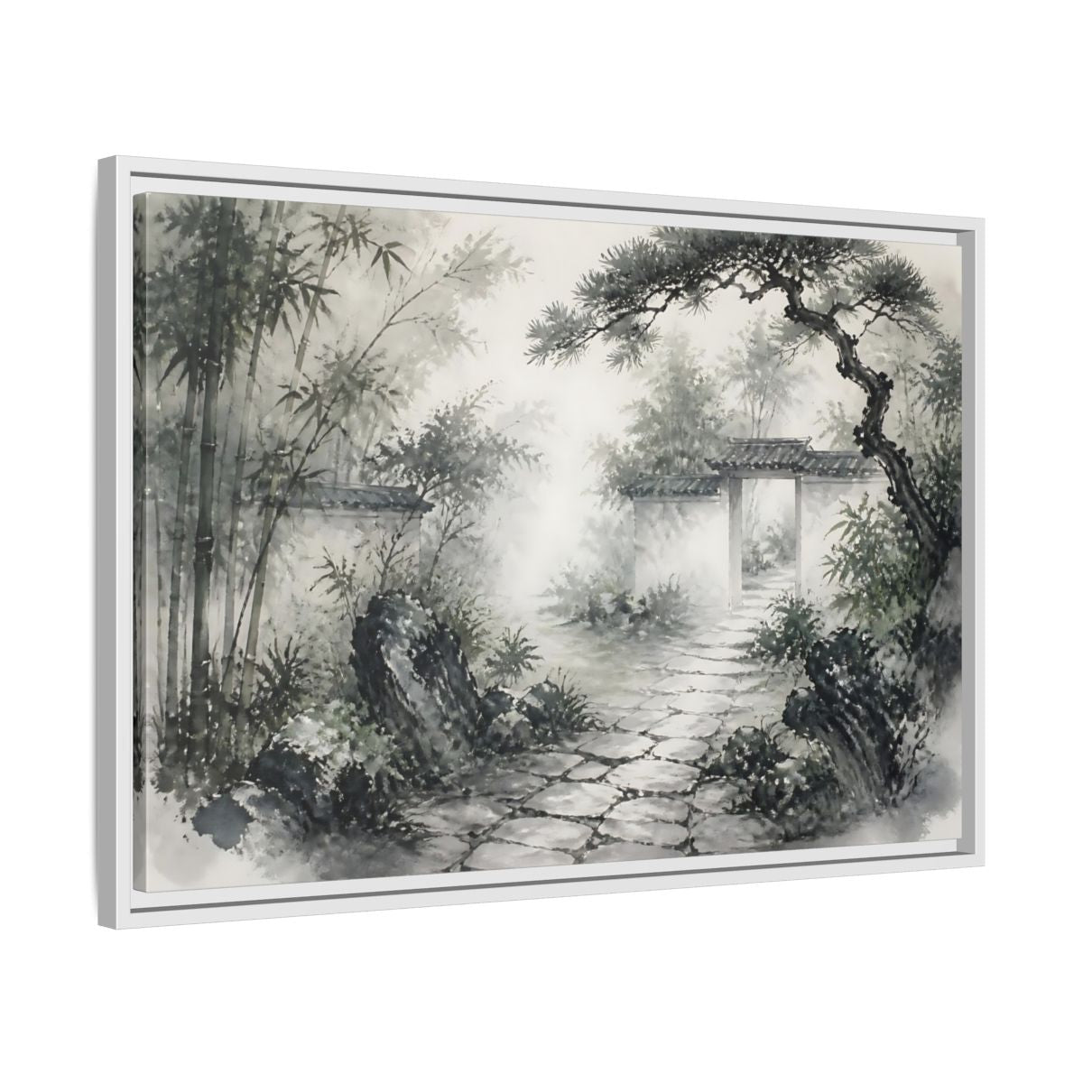 Side Mockup 10. Misty Garden Path shown as framed canvas print