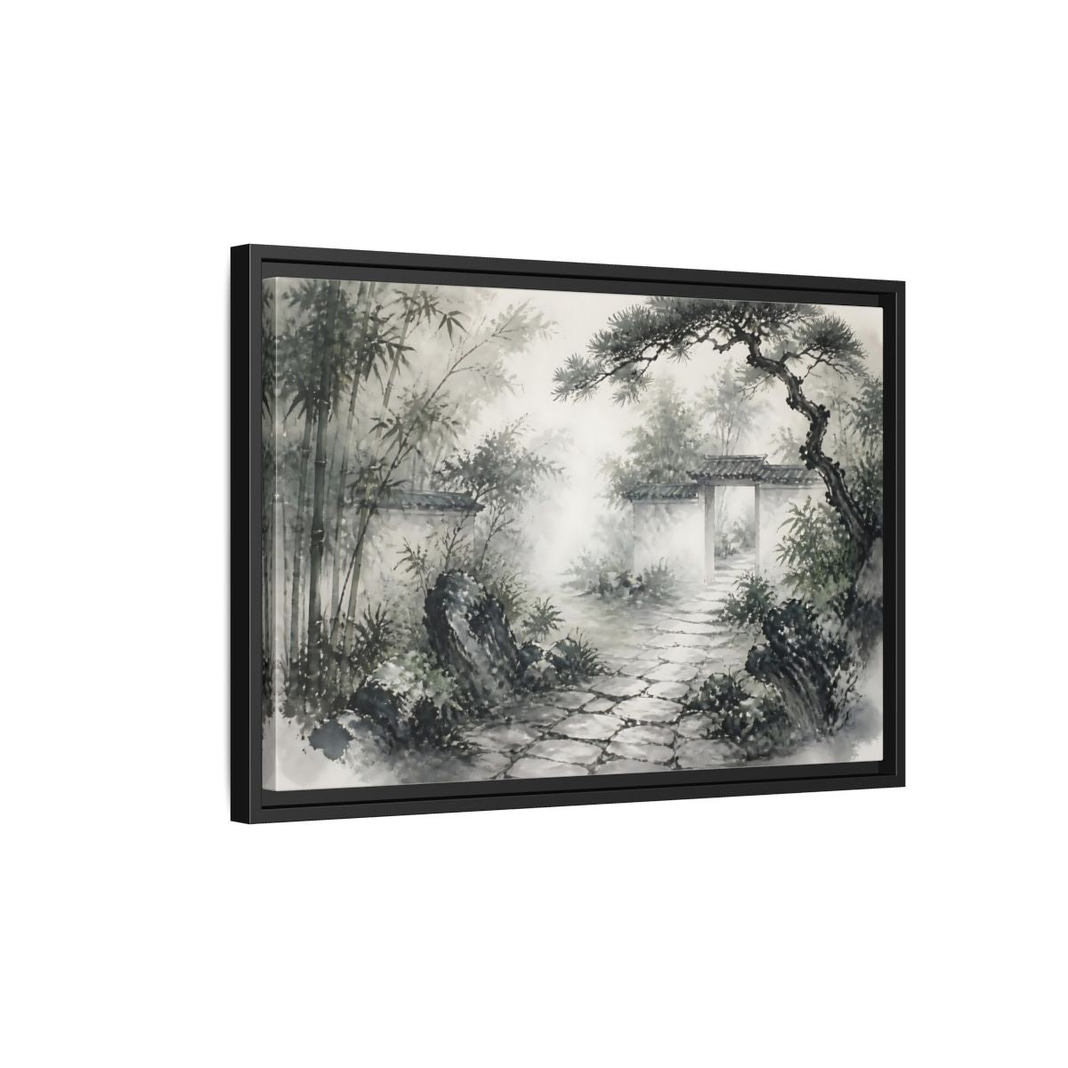 Side Mockup 3. Misty Garden Path shown as framed canvas print