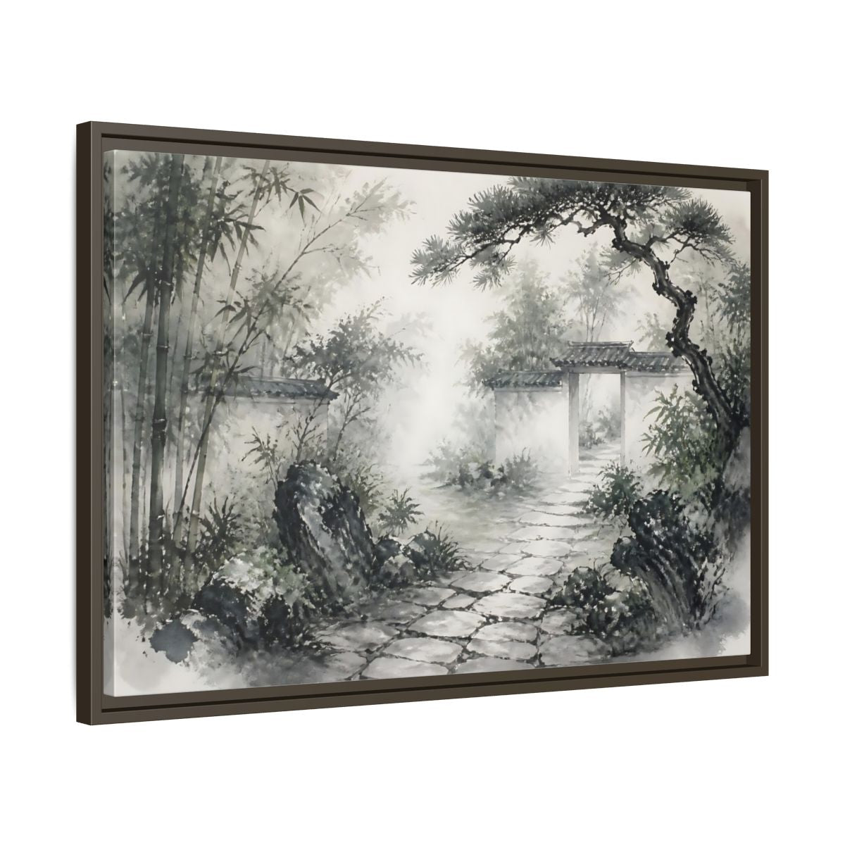 Side Mockup 11. Misty Garden Path shown as framed canvas print