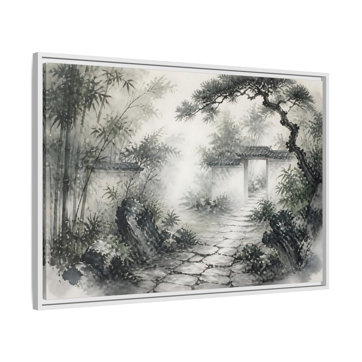 Side Mockup 9. Misty Garden Path shown as framed canvas print