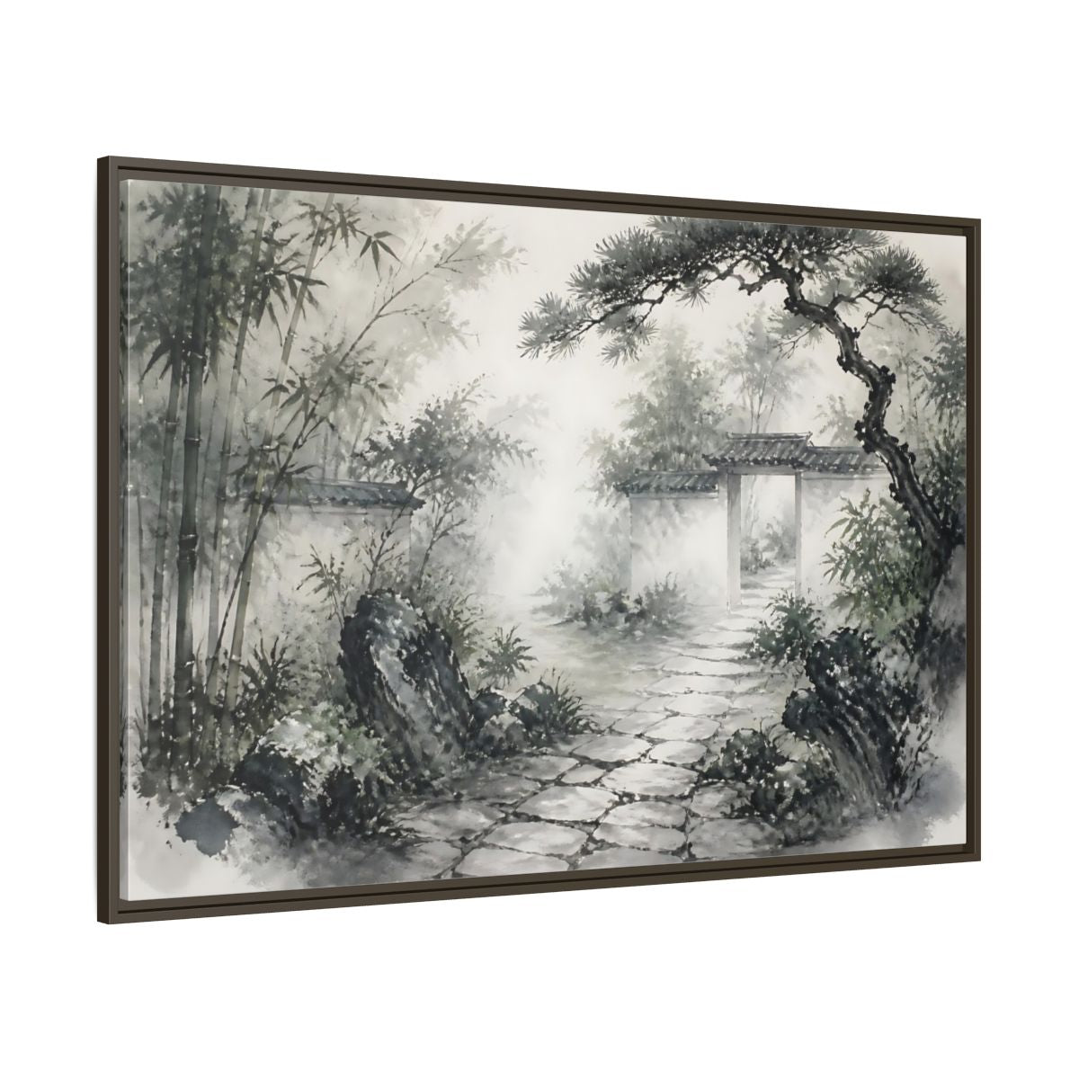 Side Mockup 8. Misty Garden Path shown as framed canvas print