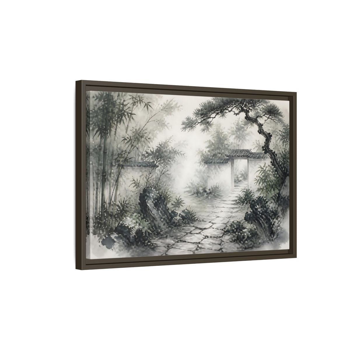 Side Mockup 2. Misty Garden Path shown as framed canvas print