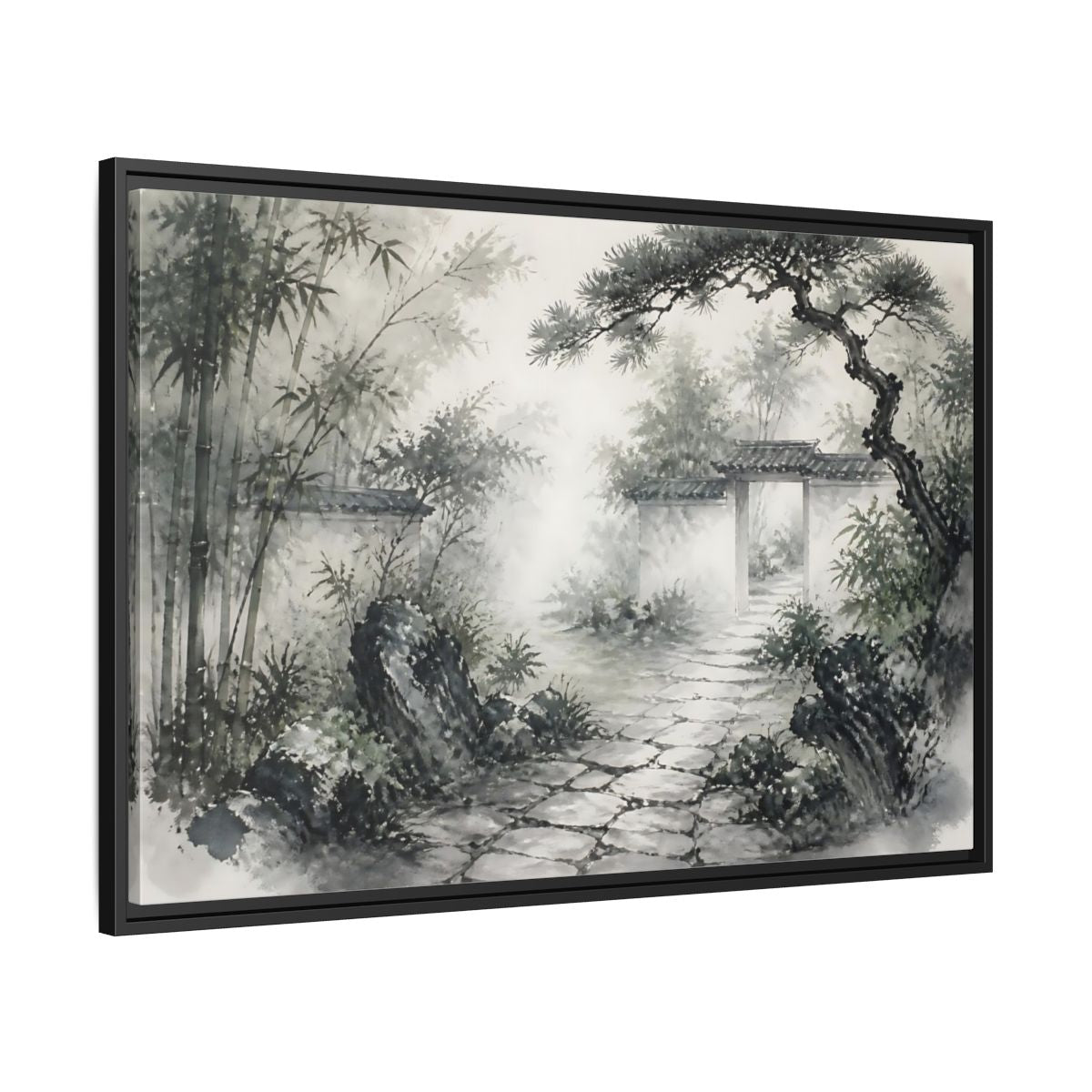 Side Mockup 13. Misty Garden Path shown as framed canvas print