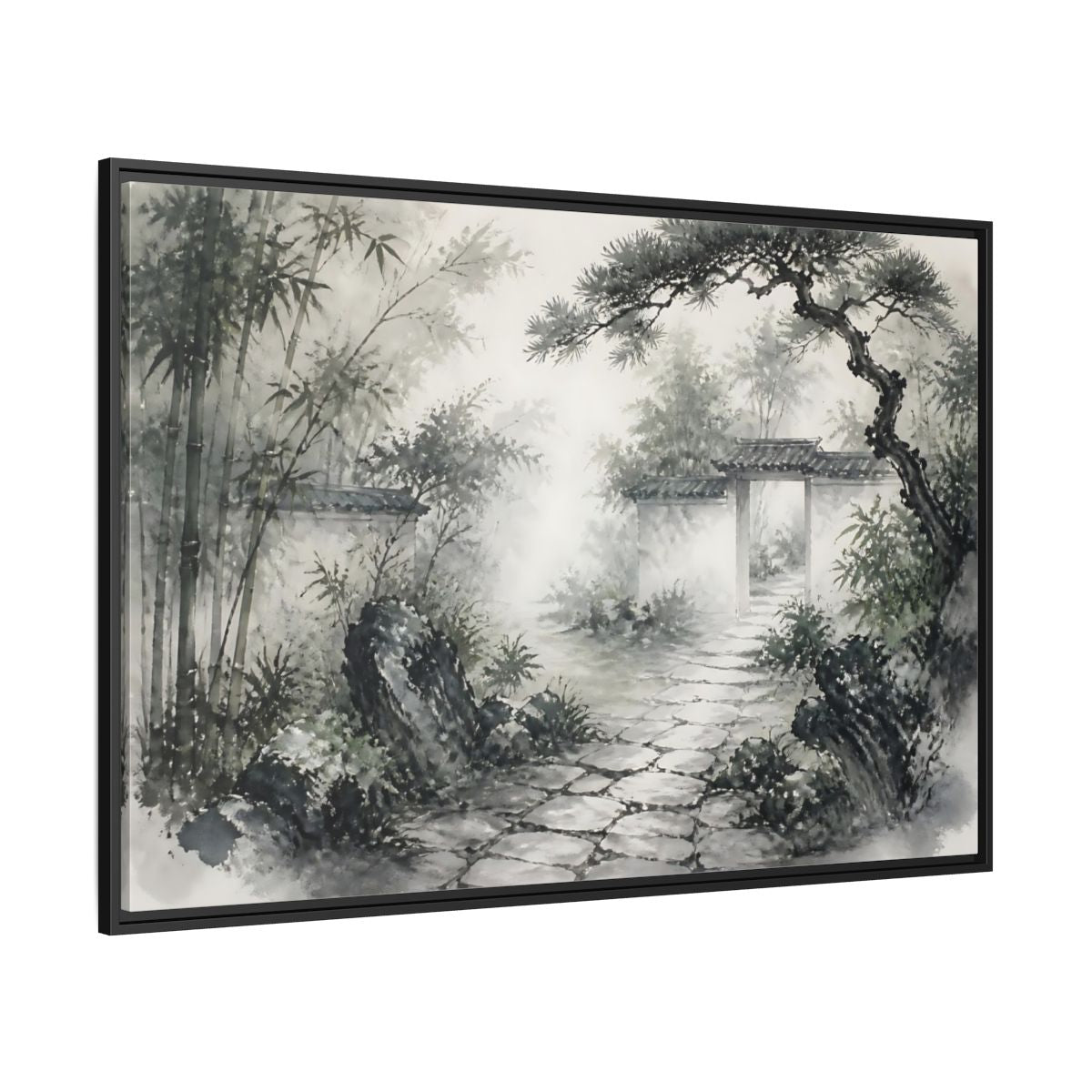 Side Mockup 12. Misty Garden Path shown as framed canvas print