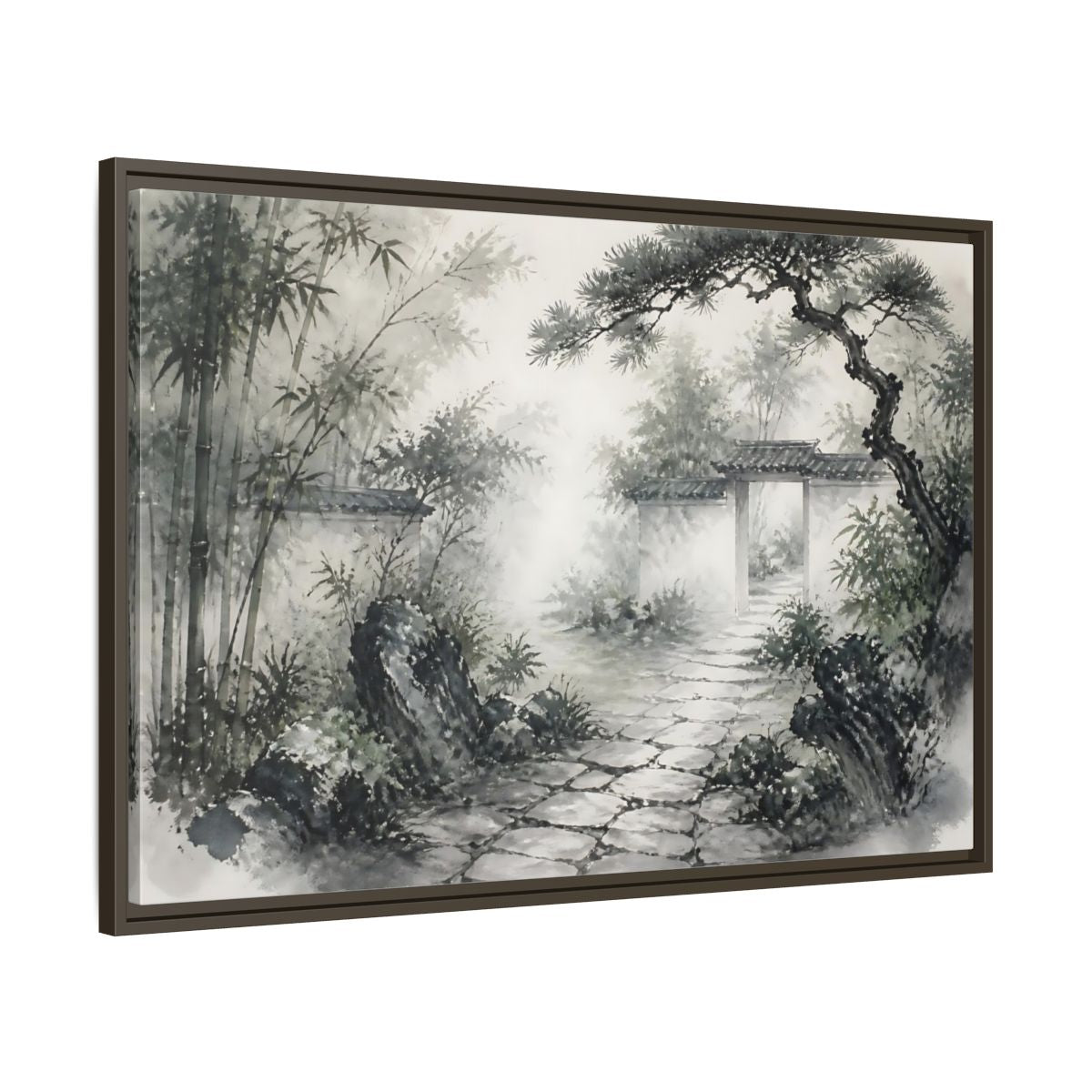 Main Mockup. Misty Garden Path shown as framed canvas print
