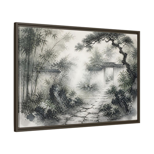 Main Mockup. Misty Garden Path shown as framed canvas print